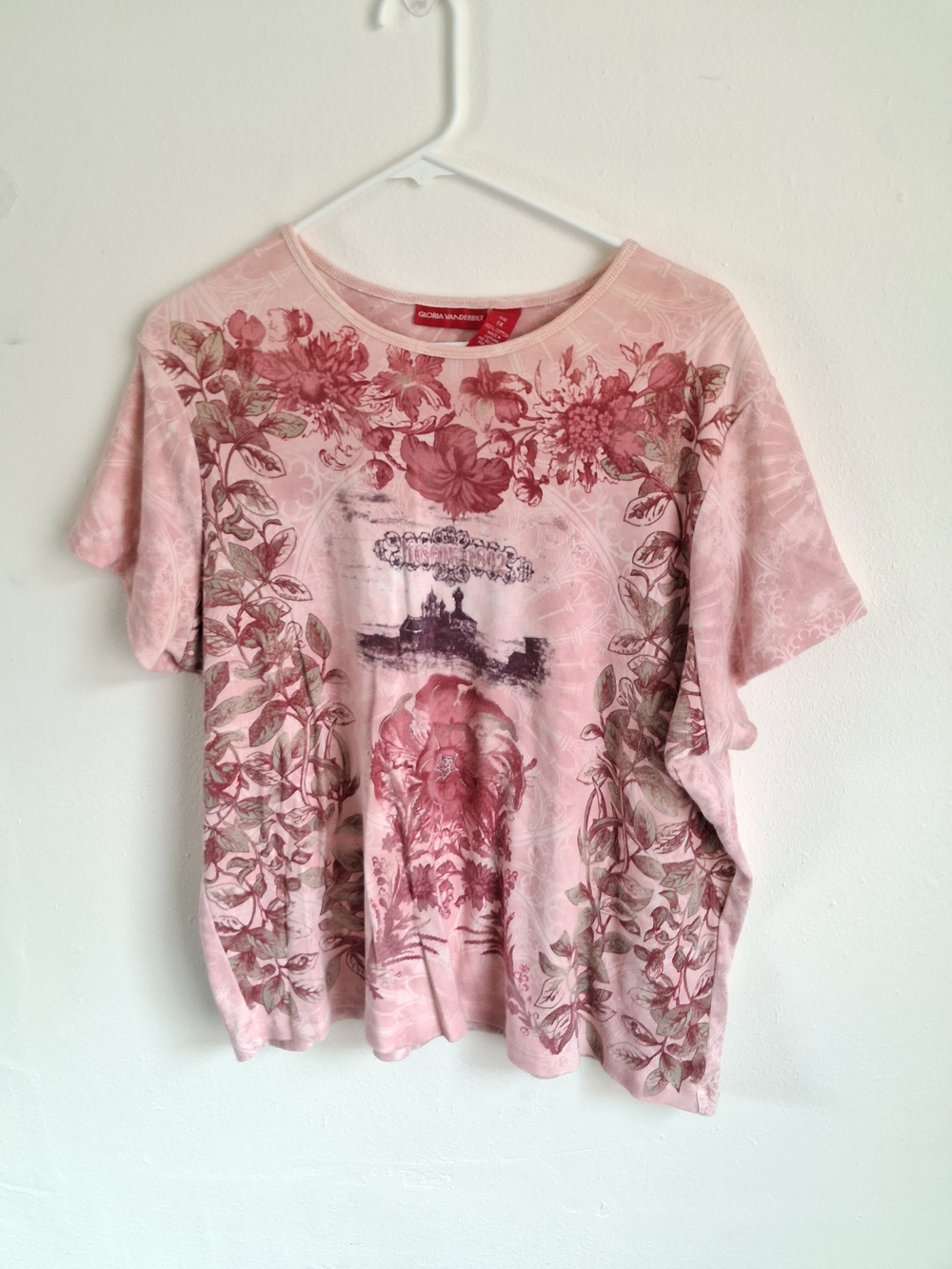 Y2K Vintage Gloria Vanderbilt Moscow short-sleeve Top pink Floral graphic 1X